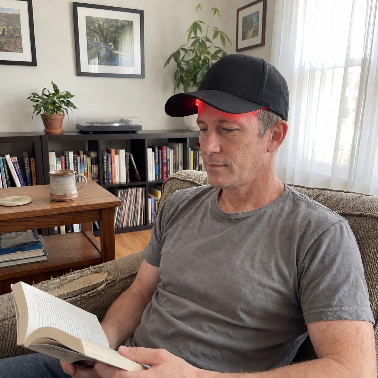 Amal Red Light Growth Cap, worn while reading